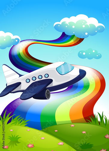 A jetplane near the hilltop with a rainbow