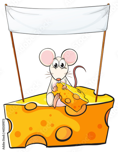A rat sitting above the cheese with an empty banner above