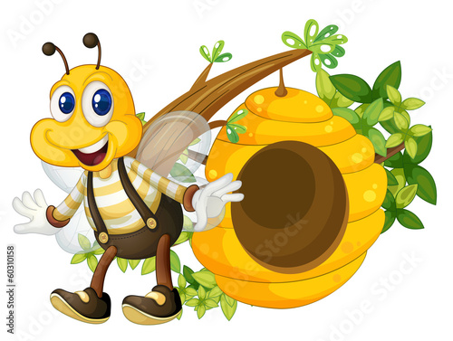A smiling yellow bee near the beehive