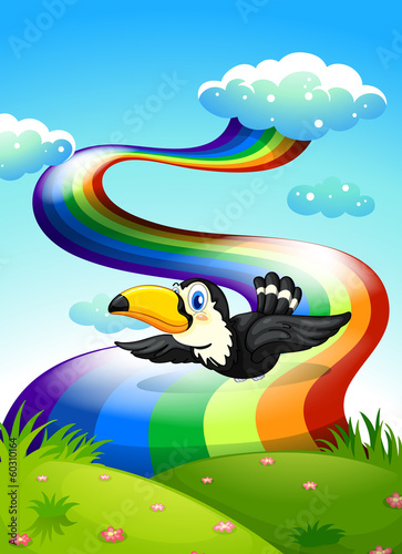 A bird flying near the rainbow