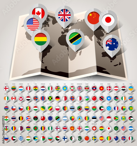 Map world with flags. Big paper set