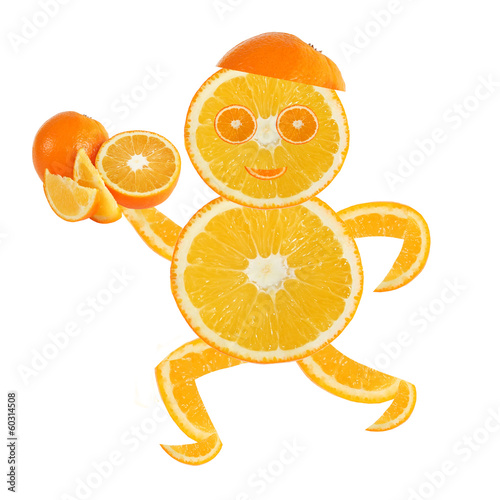 Εκτύπωση καμβά Healthy eating. Funny running little man made of the orange sli