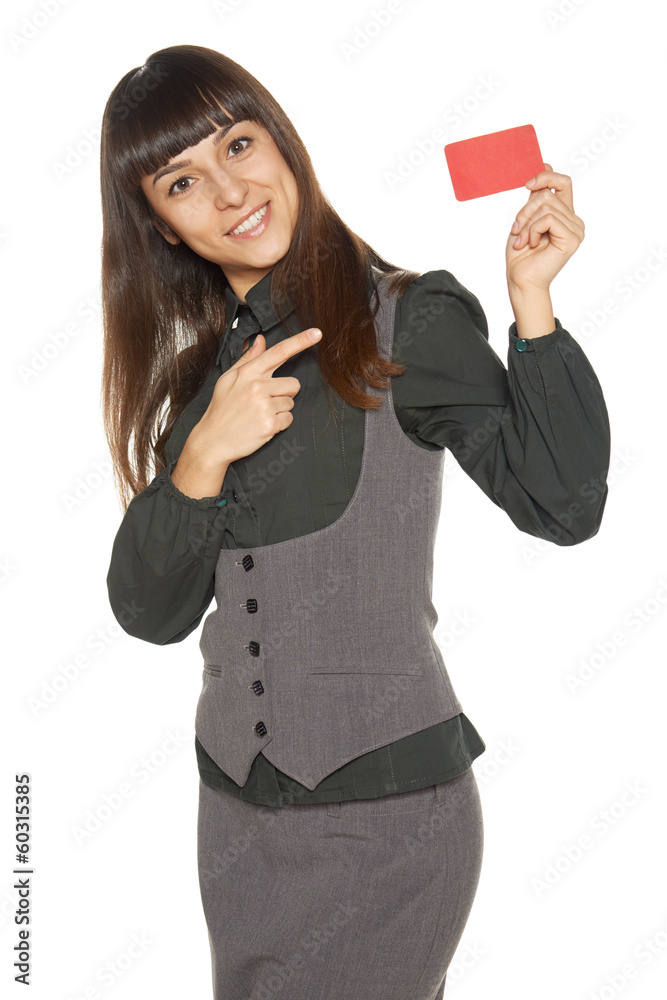 Smiling business woman holding credit card Smiling business woman holding credit card