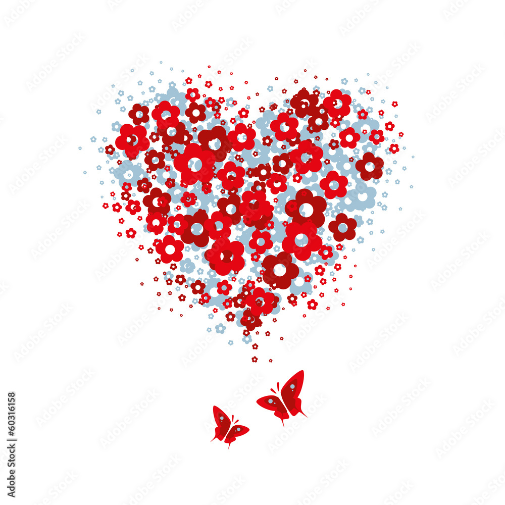 Isolated heart made of flower symbols with flying butterflies Isolated heart made of flower symbols with flying butterflies