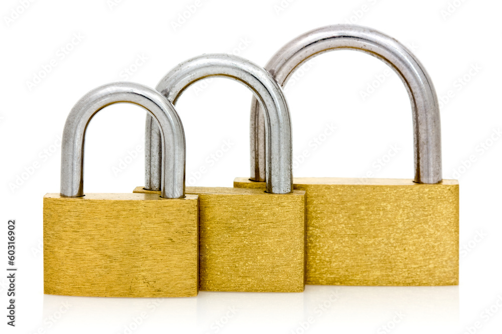 Three padlocks of different size in a row Three padlocks of different size in a row