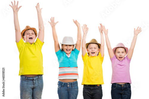 children in a row, wearing a hat