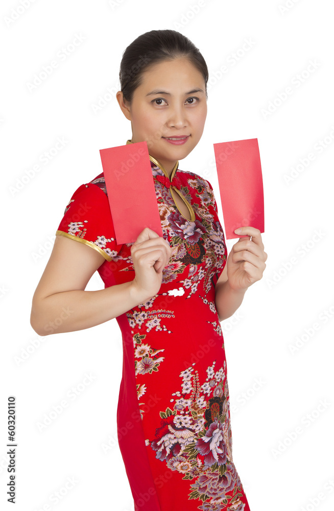 Beautiful asian woman with chinese traditional dress, red packe Beautiful asian woman with chinese traditional dress, red packe