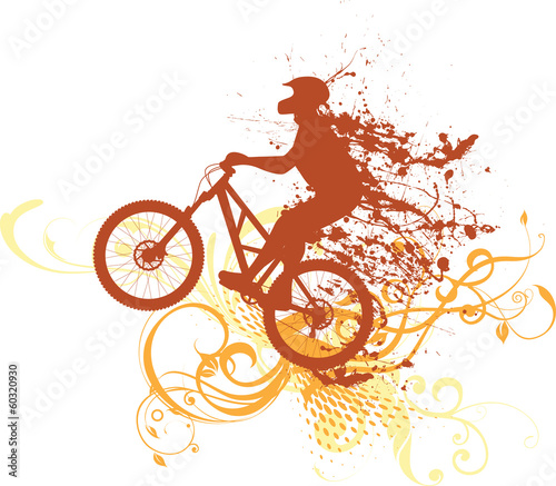Vector biker silhouette with ink splashes and floral ornaments