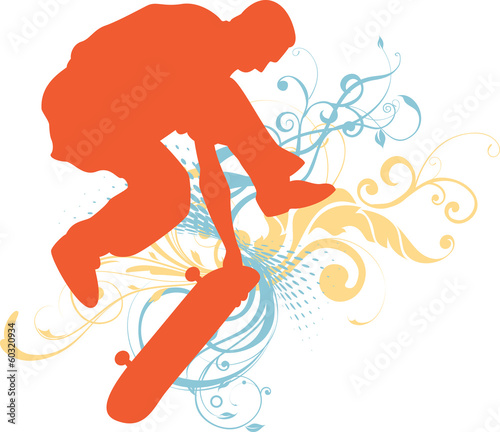 Vector skateboarder silhouette with floral ornaments
