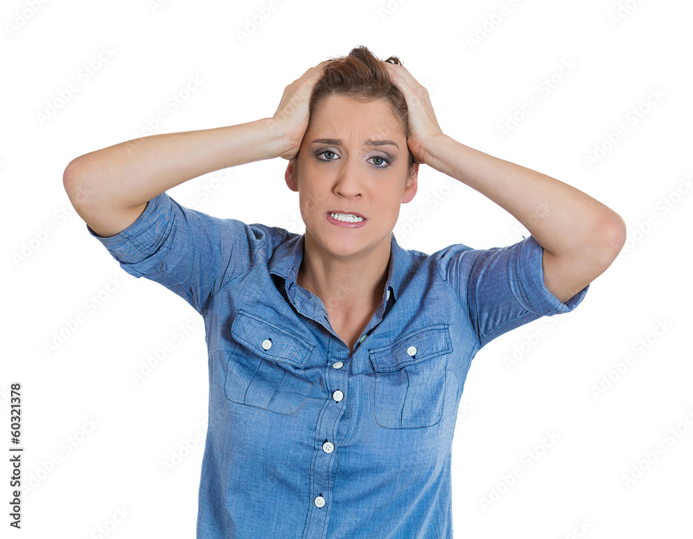 Stress headache. Closeup portrait stressed woman Stress headache. Closeup portrait stressed woman