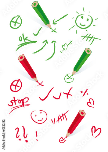 Business doodle elements set with red and green pencils