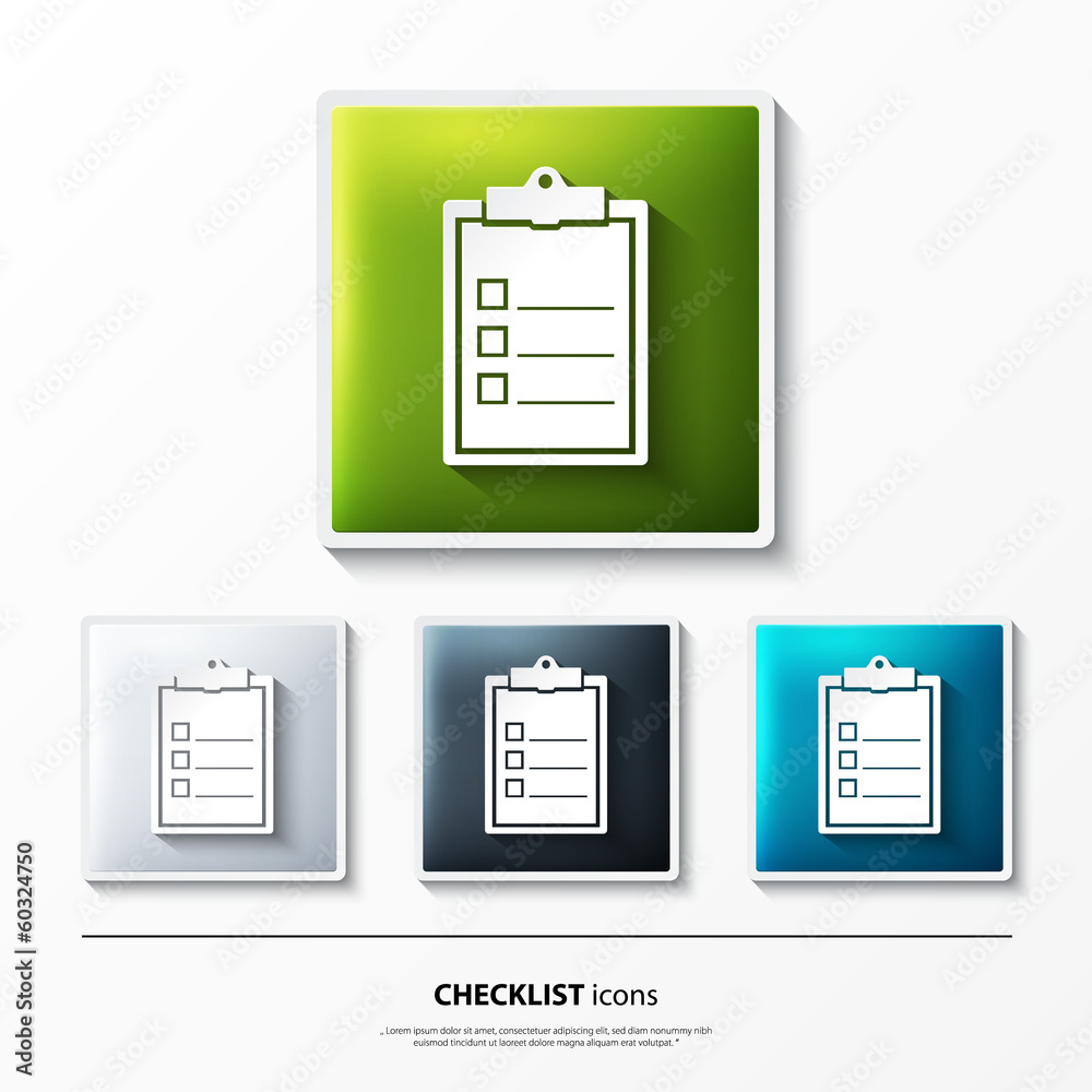 Set of glossy vector icons on button with checklist. Set of glossy vector icons on button with checklist.