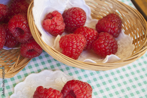 Raspberries in small baskets