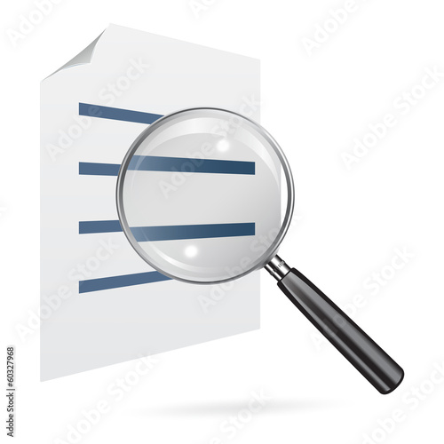 Magnifying glass with sheet of paper isolated