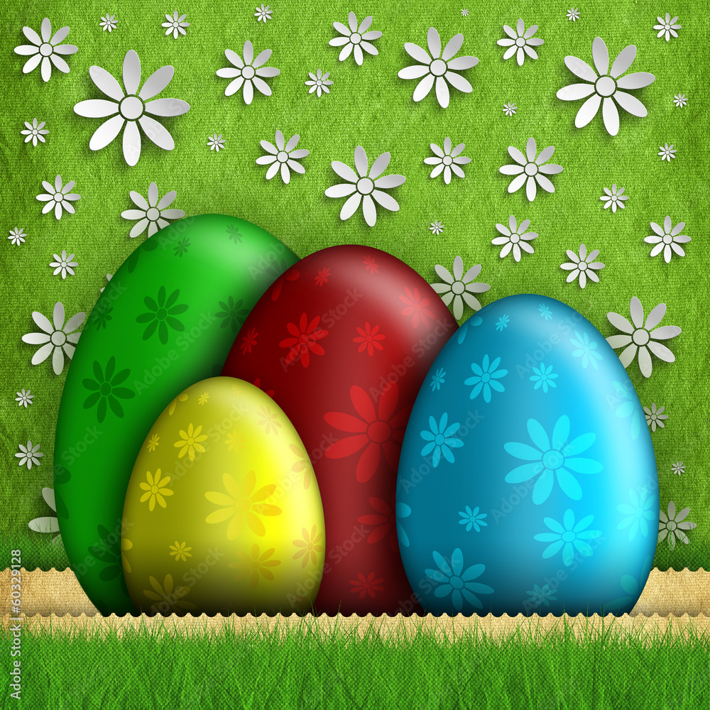 Happy Easter - colored eggs on green background