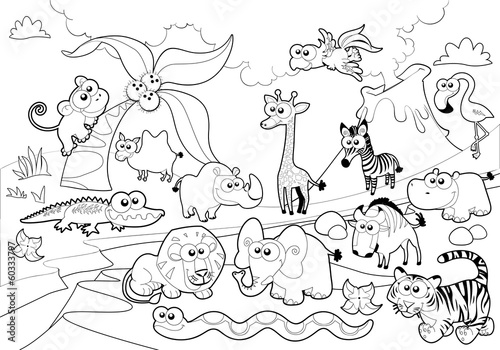 Savannah animal family with background in black and white.