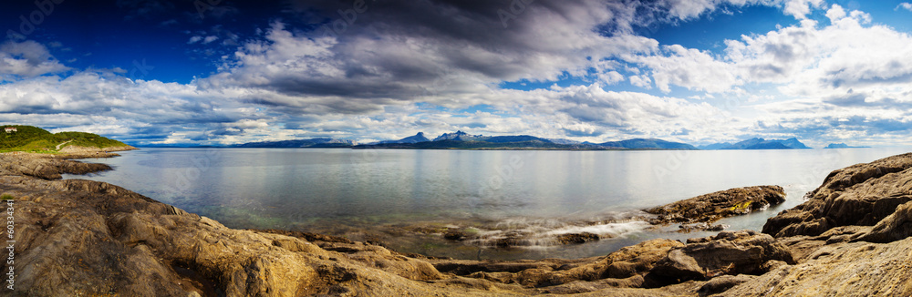 Panoramic long exposure shot of a Norwegian fjord