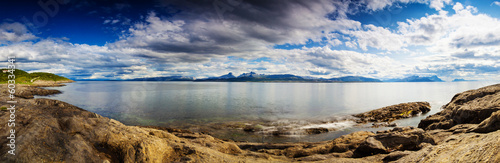 Panoramic long exposure shot of a Norwegian fjord
