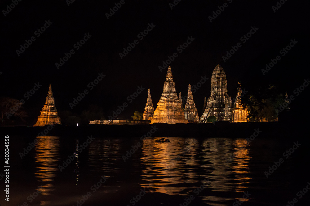 Night view of Wat Chaiwatthanaram temple in Ayutthaya, Thailand