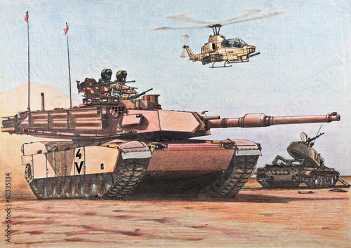 Amerykański czołg Abrams mija zniszczony iracki T-55