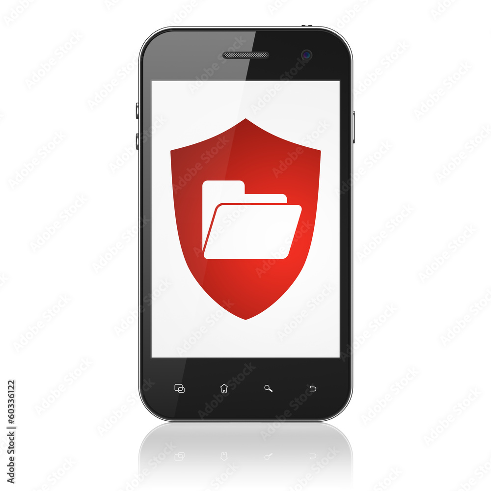 Finance concept: Folder With Shield on smartphone Finance concept: Folder With Shield on smartphone