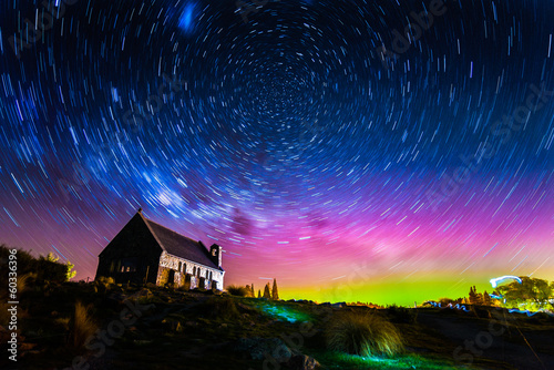 Fotografie Star trails and Aurora light at Church of the Good Shepherd, Lak