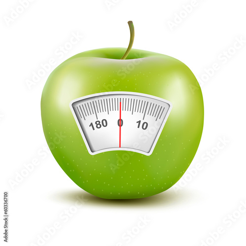 Set of apples with a weight scale. Diet concept. Vector.