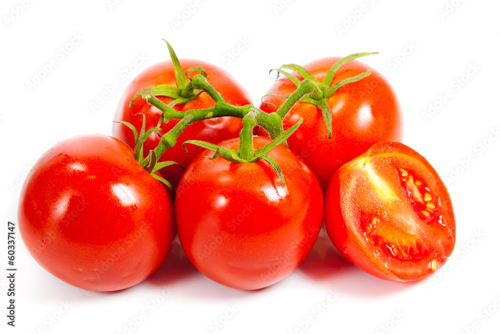 Closeup of tomatoes on the vine isolated on white. Tomato branch Closeup of tomatoes on the vine isolated on white. Tomato branch