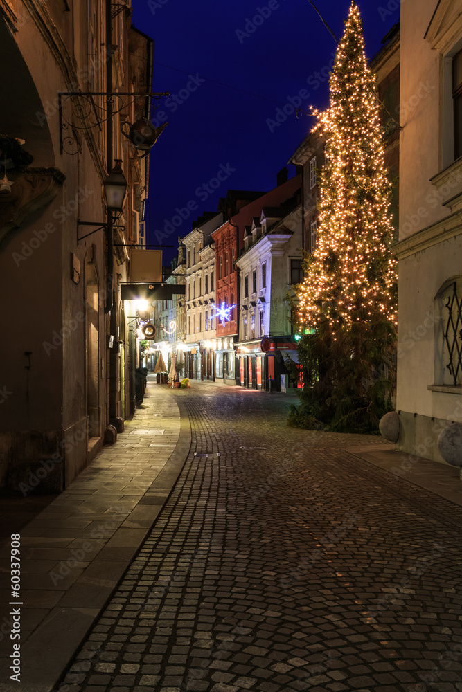 Street of Ljubljana's Christmas decorated old center, Slovenia