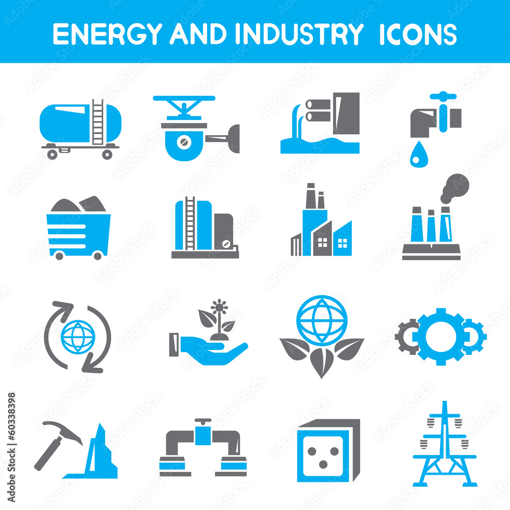 energy icons, industry icons, power icons, blue color theme