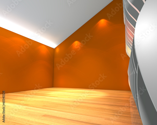Abstract orange empty room with wave wall