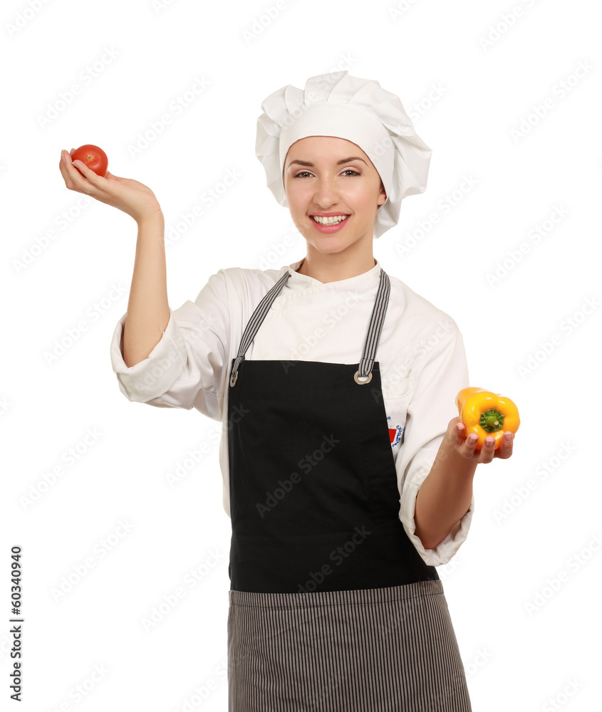 Attractive cook woman with vegetables, a over white background Attractive cook woman with vegetables, a over white background
