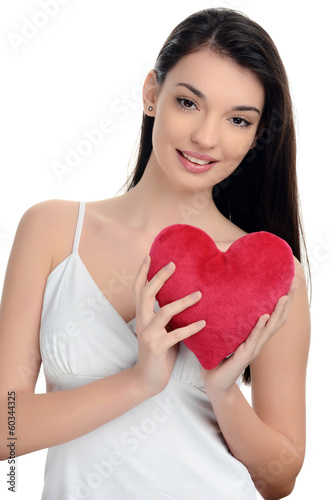  Girl holding a red heart. Happy woman, Valentine day. © luanateutzi