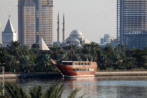 Traditional wooden dhow at the Sharjah Creek. UAE