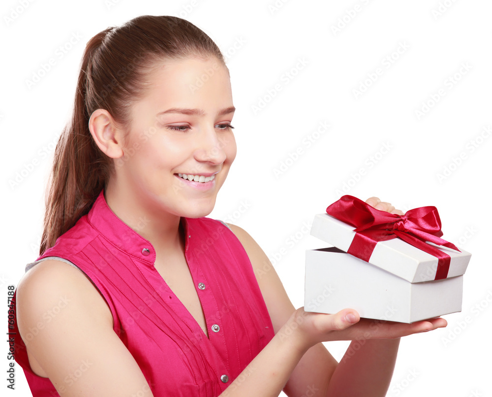 Woman holding gift box isolated on white background Woman holding gift box isolated on white background