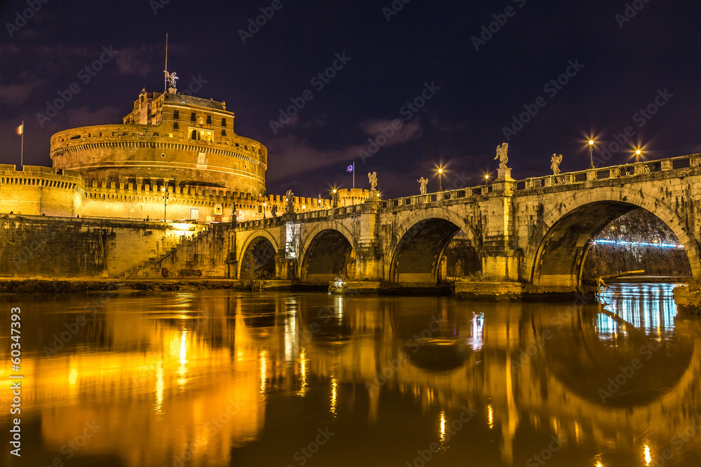 The night view of the castle and bridge of Sant'Angelo in Rome,I