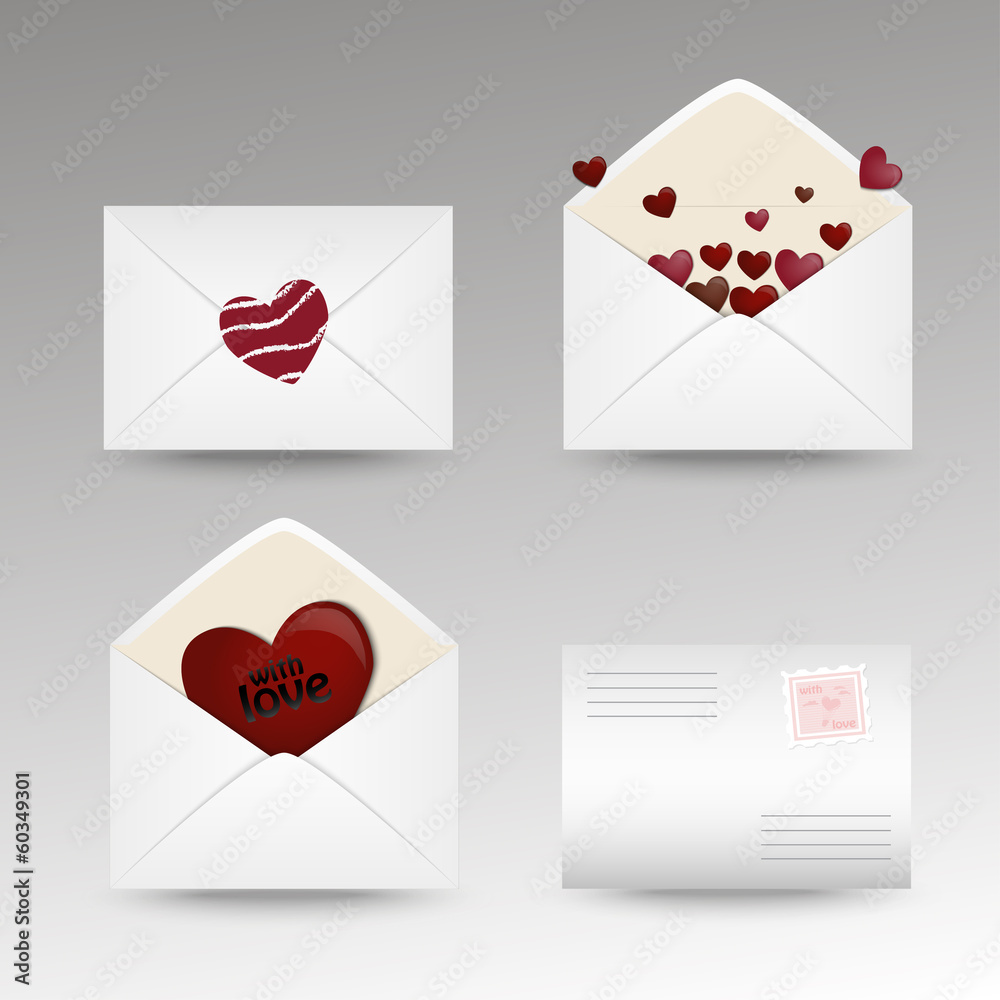 Set of mail icons with hearts