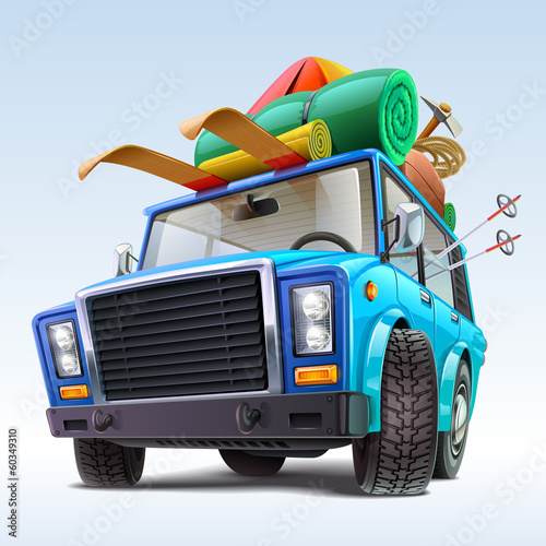 car with winter travel outfit