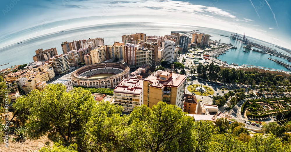 Panoramic view of Malaga bullring and harbor. Spain - obrazy, fototapety, plakaty 