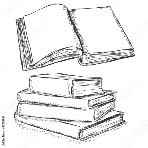 vector sketch illustration -  open book and stack of books