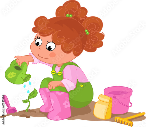 Cute young girl watering a sprout