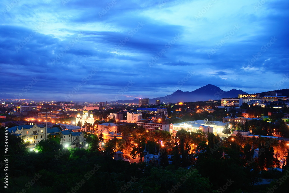 Russia. Pyatigorsk. View of the evening city and mount Mashtuk