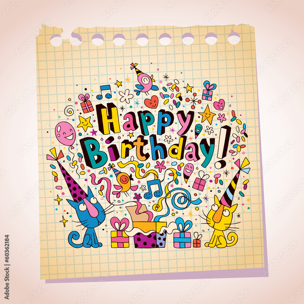 Happy Birthday cute kittens note paper cartoon sketch Happy Birthday cute kittens note paper cartoon sketch