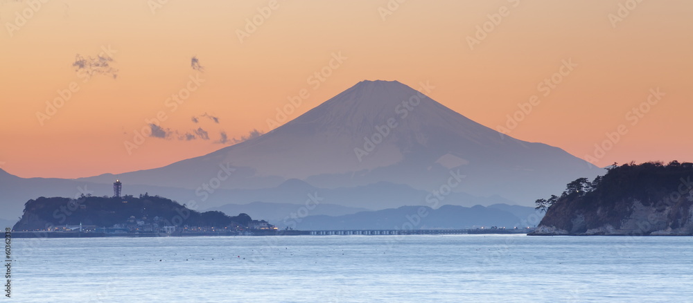 Mountain Fuji at sunset time from Sagami bay , Kamakura city