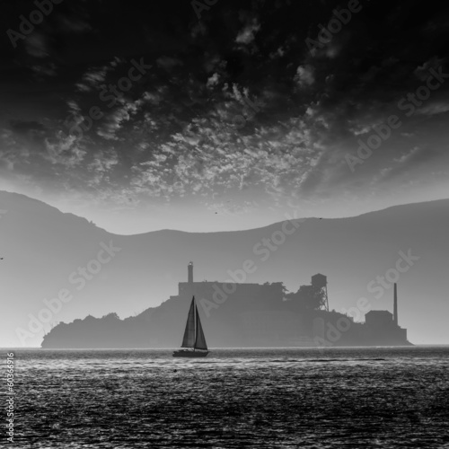 Alcatraz island penitentiary at sunset backlight in san Francisc photo