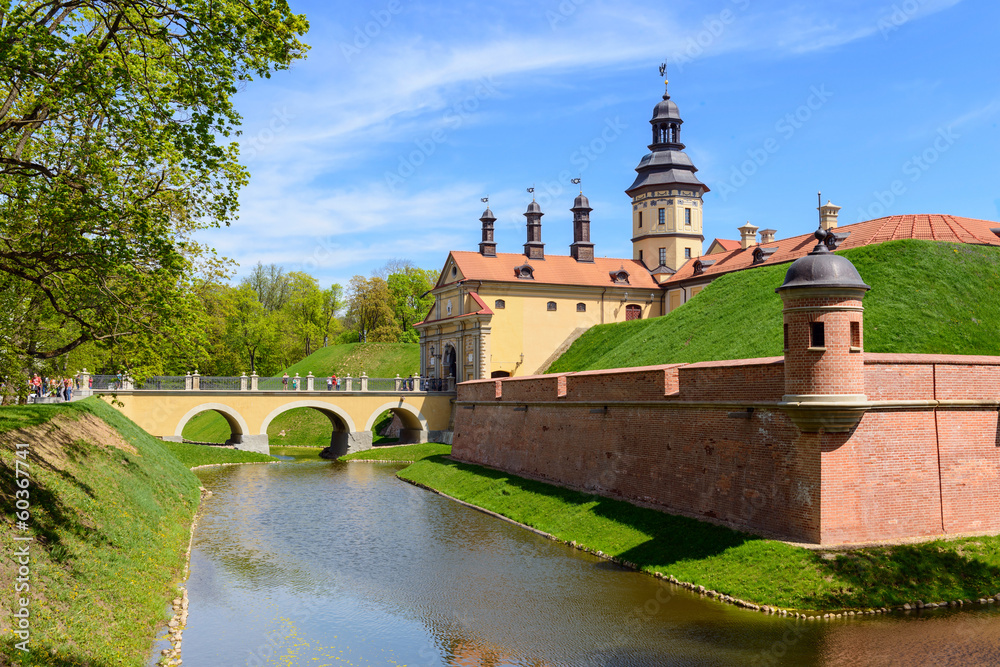 View on medieval castle Nesvizh and moat with water. Belarus