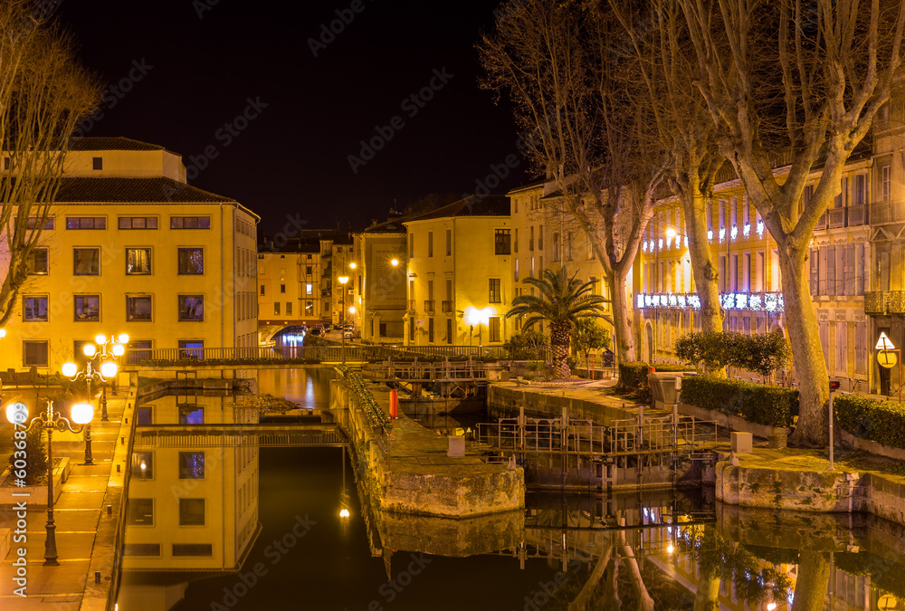 Night view of Canal de la Robine in Narbonne, France