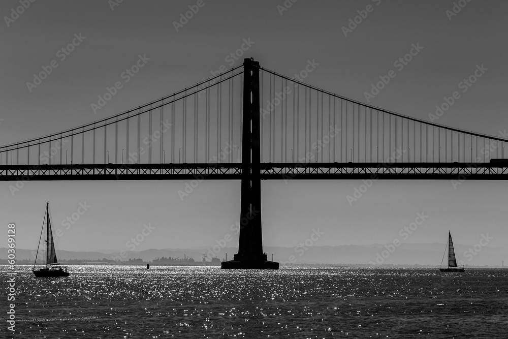 San Francisco Bay bridge sailboat from Pier 7 California