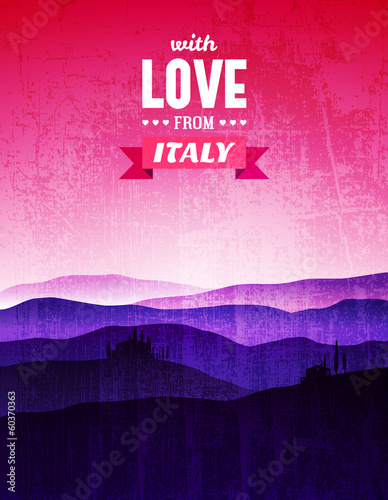 Vintage poster with a landscape of Tuscany