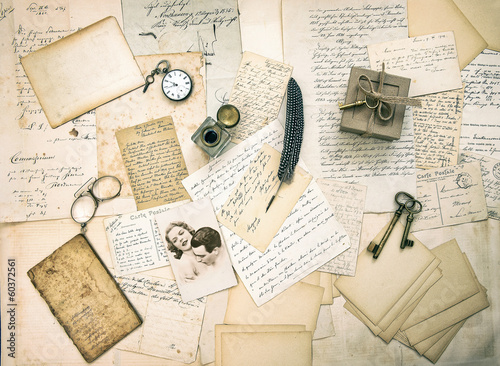 old love letters, postcards, antique accessories and photo